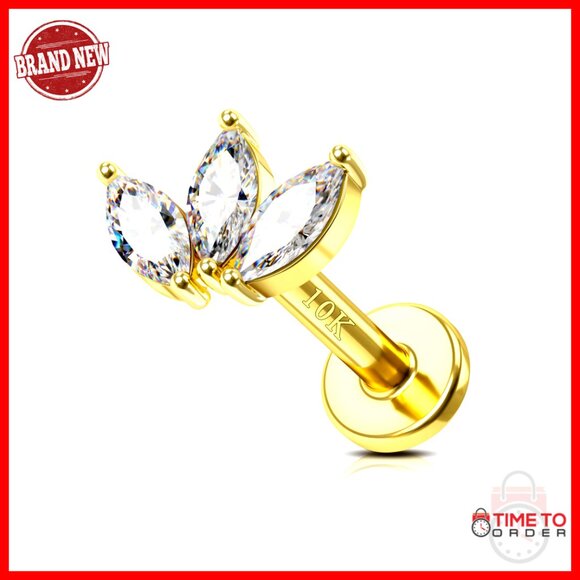 Triple Marquise CZ Stud Earrings Hypoallergenic Flat Back Tragus Helix Jewelry